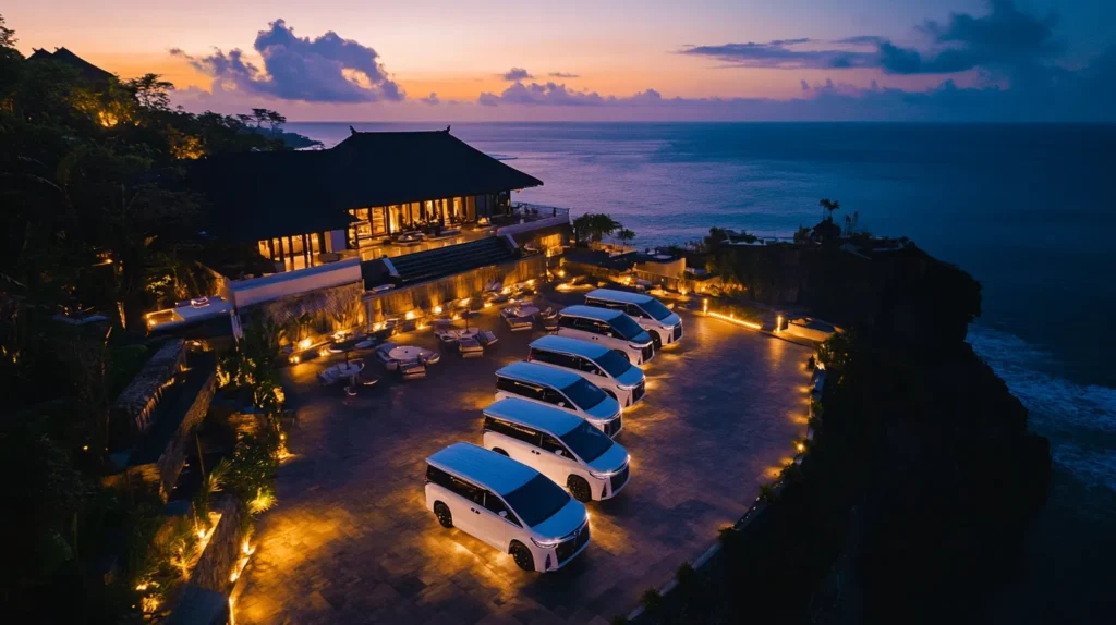 A cliffside venue above the ocean at dusk